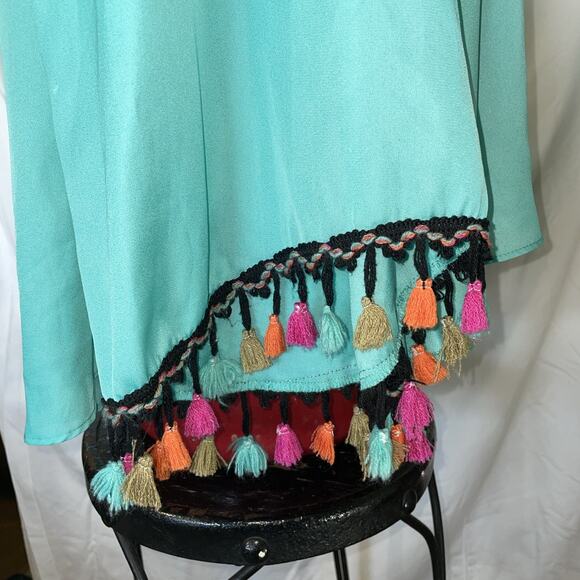 Judith March Top Womens Large Bell Sleeve Boho Pom Pom Fringe V-neck - Picture 5 of 16